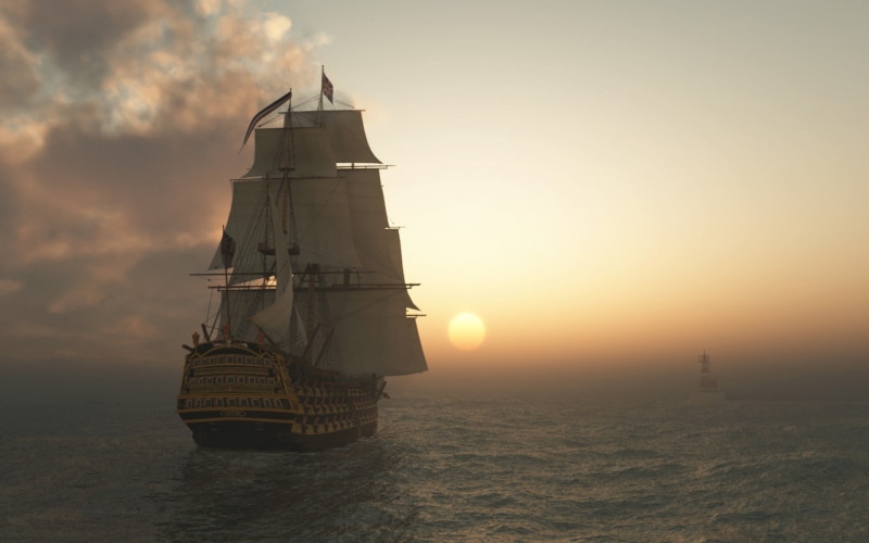 ship, schooner, sunset, cg, digital/artwork, ocean, sail, hd, 1080P