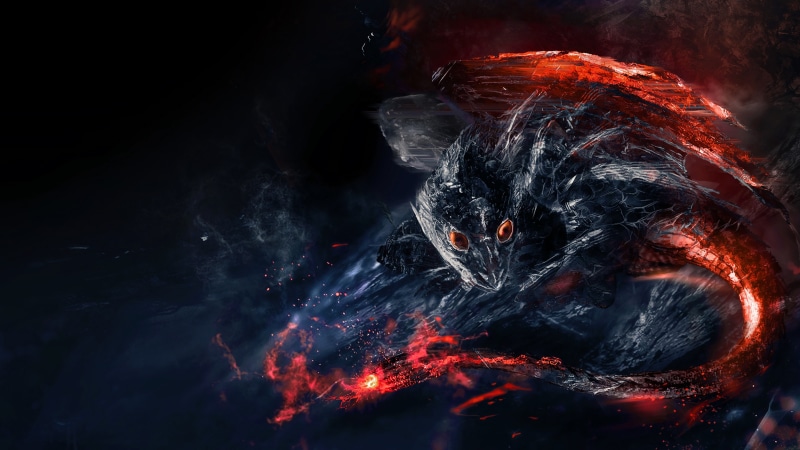 digital art, artistic, flame, smoke, cg artwork, artwork, art, fantasy art, monster, 4K, dragon, red eyes, demon