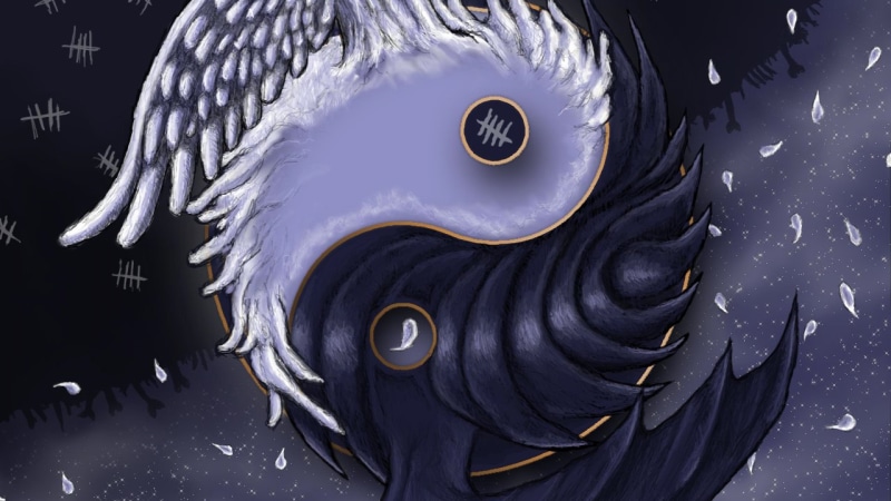 wing, black and white, cg artwork, 4K, anime, zen, yin yang, yang, spiritual, calm, illustration, darkness, yin, space, beak, feather