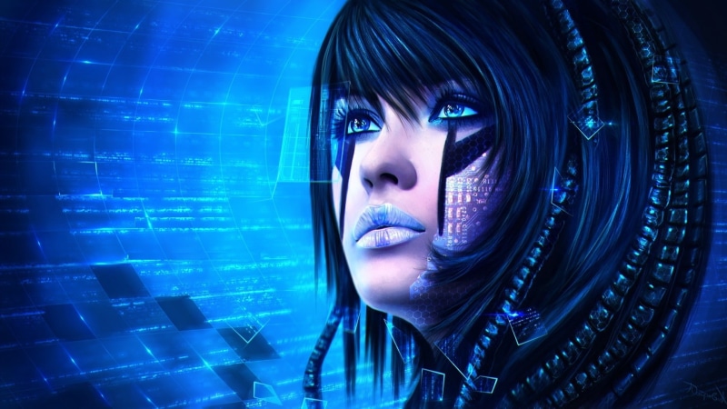 emotion, science fiction, blue, ai, humanoid, robotics, robot, cg artwork, space, 1080P, darkness, android, face, girl, fantasy art, black hair, artificial intelligence