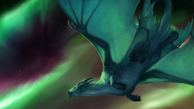fantasy art, 4K, fictional character, night, mythical creature, green dragon, mystical, digital art, flying, artwork, art, artistic, dragon, aurora, ppolar lights