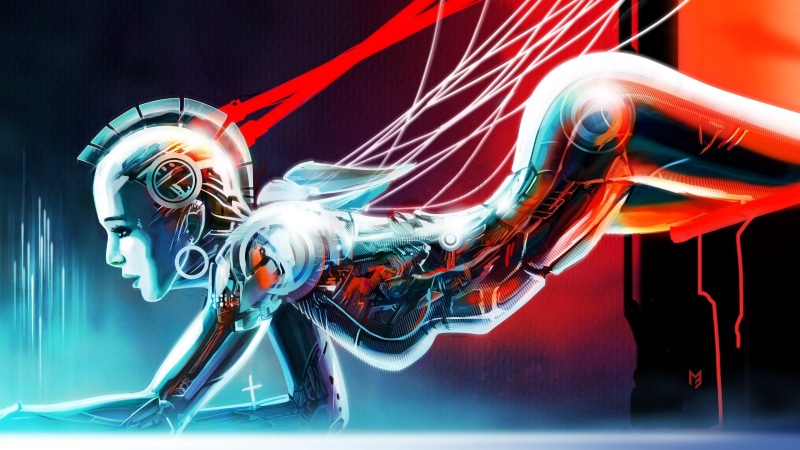 speed, robot girl, cyborg, cable, mode of transportation, illustration, cg artwork, electricity, blurred motion, graphics, metal, innovation, 4K, lighting equipment