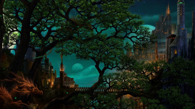 wizards, dragon, goth, 1080P, story, castle, fairy tale, bridge, imagination, tree, dungeons, full moon, gothic