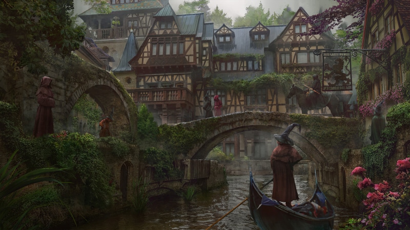 old bridge, people, bridge, wizard, 4K, artwork, magic, digital, fantasy city, old building, medieval, town, boat, river