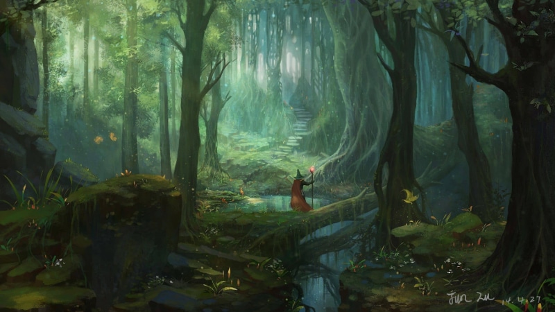 water, land, tranquility, forest, wizard, exploration, trees, day, green color, beauty in nature, woodland, standing, real people, plant, 1080P, tranquil scene