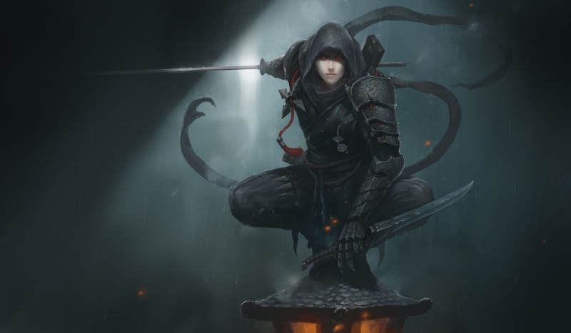 5K, indoors, fantasy art, hoodie, ninjas, halloween, black Color, fantasy, standing, night, illustration, clothing, spooky, Ninja, sword, dark, full length