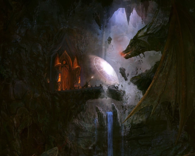 long exposure, waterfall, bridge, environment, dragon, burning, rock, 720P, The Lord of the Rings, no people, fantasy art, flame, smoke - physical structure