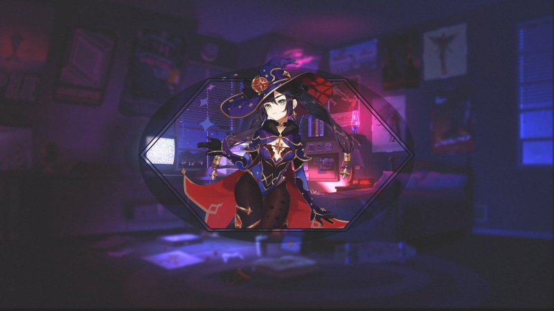 night, water, fan art, anime girls, Mona (Genshin Impact), robe, Genshin Impact, 4K, witch, wizards hat, fantasy art, room