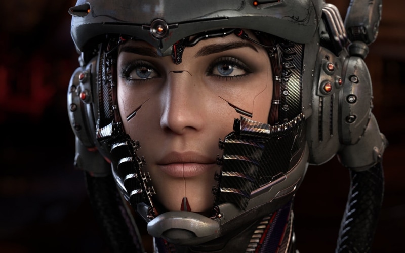 adult, digital, human face, female, cyborg, black background, portrait, 720P, young women, 3D, headshot, front view, looking at camera, CGI, helmet, render