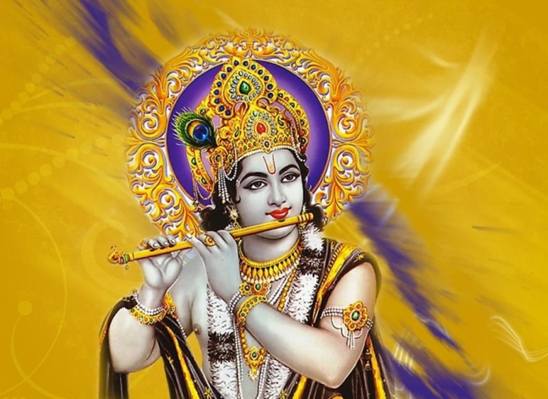ornate, disguise, yellow, flute, multi colored, gold colored, belief, one person, mask - disguise, Lord Krishna, 480P, religion, hindu, illustration, mask