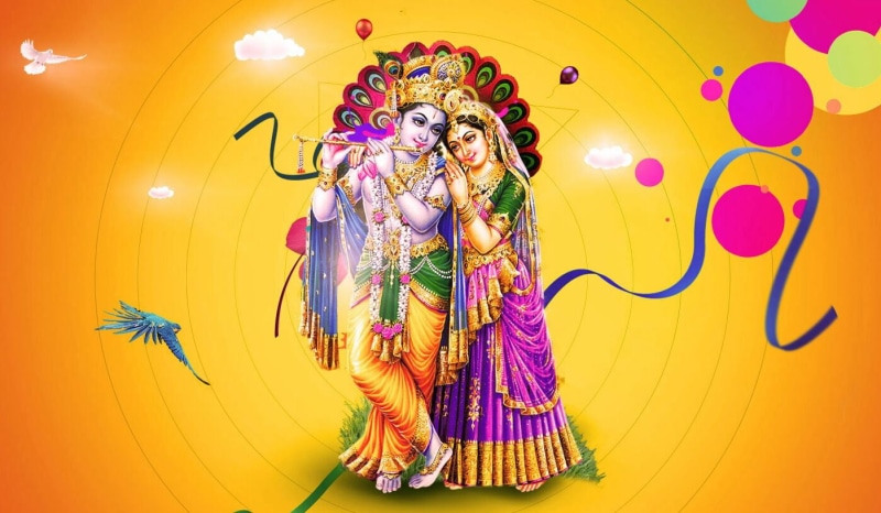 yellow, Lord Krishna, sri, mural, radha, filled, art and craft, 720P, people, God, front view, event, purple, multi colored, outdoors, standing, women