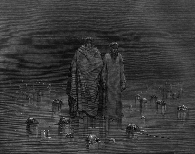 2K, waterfront, animal wildlife, full length, classic art, The Divine Comedy, Gustave Doré, water, lake, group of animals, vertebrate, day, Dantes Inferno