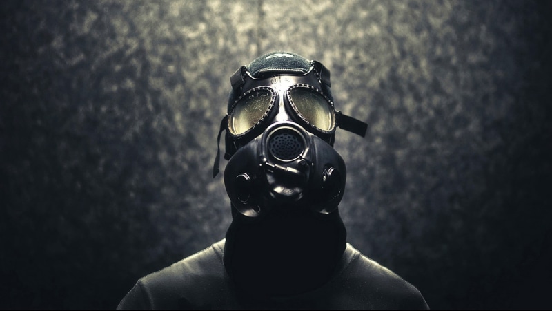 indoors, portrait, one person, warning sign, gas masks, protection, headshot, men, gas mask, black color, black, gas, disguise, 1080P, sign, studio shot
