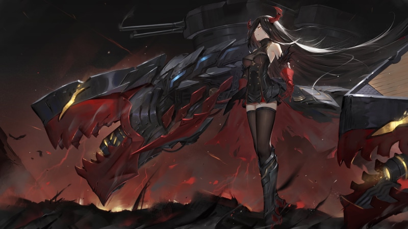 2K, black stockings, Friedrich der Grosse, smiling, yellow eyes, weapon, digital art, video game girls, black hair, video games, drawing, Azur Lane, artwork