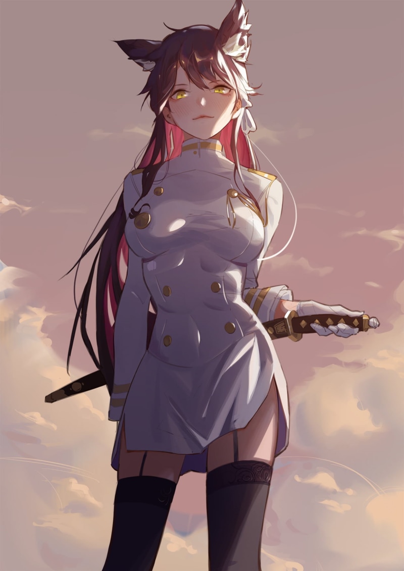 weapon, stockings, white gloves, sky, portrait display, black hair, Military Uniform, gloves, sunset, women, fox girl, clouds, white clothing, drawing
