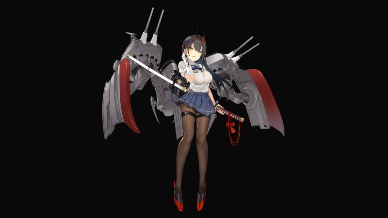 pantyhose, black background, women, long hair, horns, anime girls, minimalism, anime, Suzuya (Azur Lane), yellow eyes, 1080P, fan art, Azur Lane, black hair
