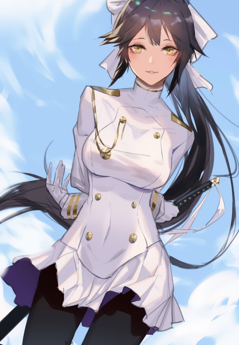 yellow eyes, pantyhose, anime girls, anime, artwork, women, 720P, black hair, fan art, looking at viewer, drawing, weapon, uniform, long hair, gloves