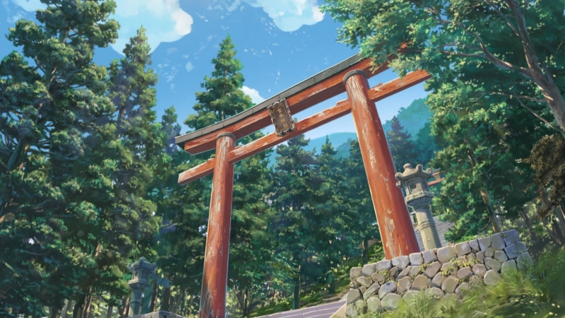 growth, tree, building exterior, painting, arch, nature, forest, spirituality, sky, wooden, shrine, Makoto Shinkai , brown, outdoors, place of worship