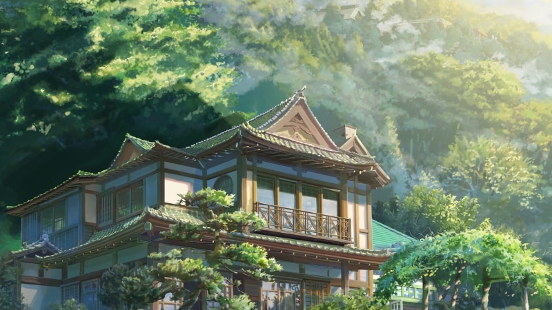 built structure, house, Makoto Shinkai, architecture, building, growth, no people, outdoors, low angle view, building exterior, nature, Kimi no Na Wa, tree