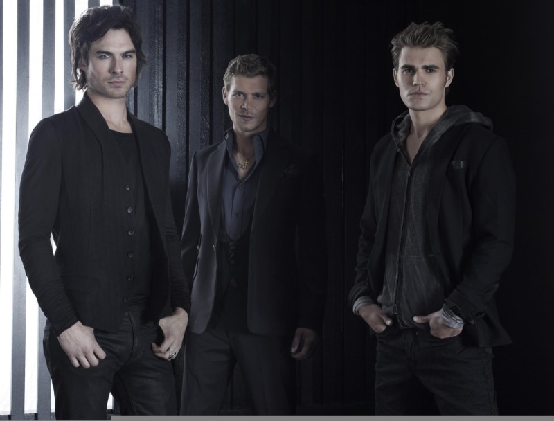 togetherness, Paul Wesley, the series, standing, indoors, front view, The vampire diaries, suit, jacket, black, three quarter length, group of people, Ian Somerhalder