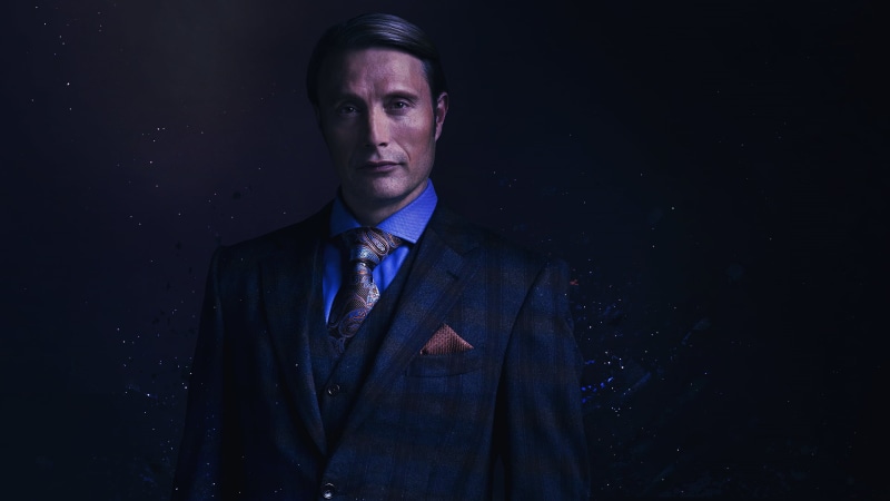 young adult, Hannibal, black, black background, well-dressed, Hannibal Lecter, portrait, looking at camera, suit, 1080P, studio shot, necktie, NBC, business