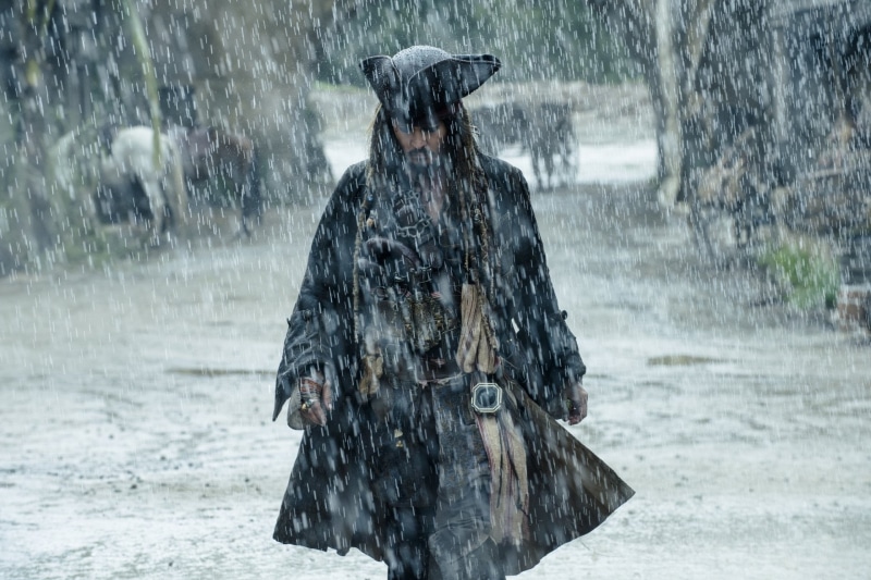 standing, three quarter length, Jack Sparrow, adult, rainy season, 1080P, outdoors, focus on foreground, Pirates Of The Caribbean: Dead Men Tell No Tales