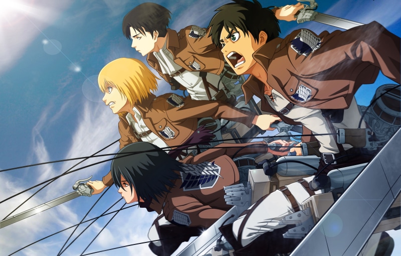 sitting, sunlight, day, Shingeki no Kyojin, leisure activity, adult, lifestyles, real people, men, outdoors, group of people, sky, low angle view