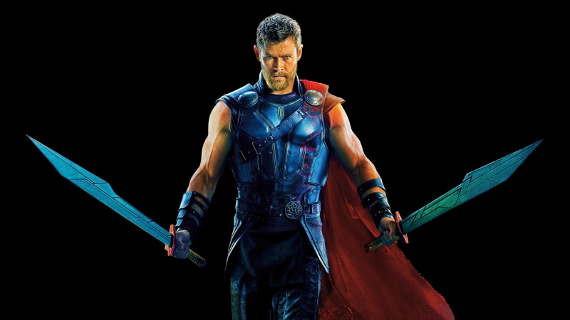 three quarter length, lifestyles, studio shot, one person, Thor, Chris Hemsworth, sport, standing, sword, indoors, 4K, black background, looking at camera