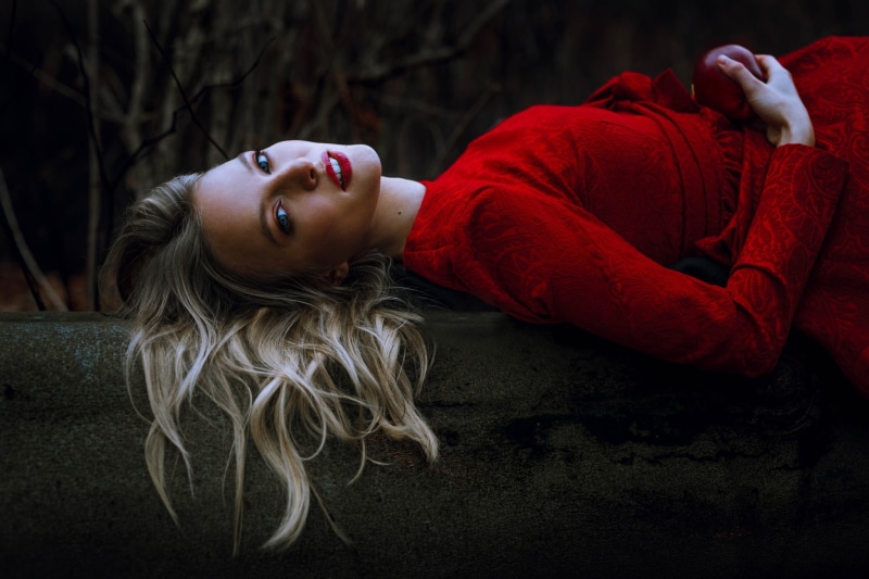 red dress, blonde, side view, red lipstick, women, lying on back, 1080P, blue eyes, looking at viewer