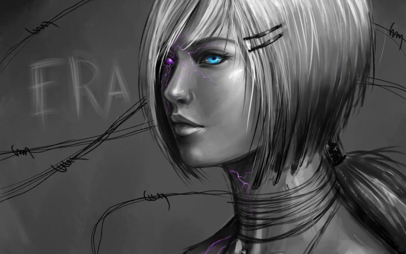 selective coloring, blue eyes, eyes, science fiction, artwork, 1080P, monochrome, cyborg, face, women, plastic