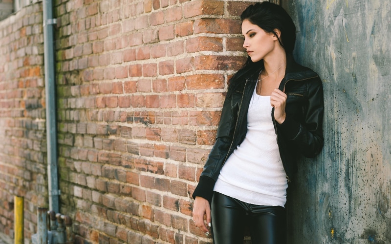 1080P, smoky eyes, jacket, leather jackets, side view, leather pants, dark hair, looking away, women, white tops