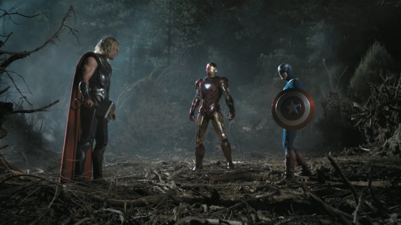 men, woodland, holding, people, land, standing, Chris Evans, man, america, smoke - physical structure, Chris Hemsworth, forest, adult, Marvel Cinematic Universe