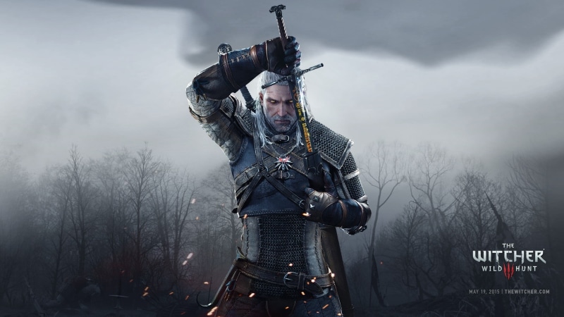 sky, men, clothing, witcher, nature, tree, Geralt of Rivia, The Witcher 3: Wild Hunt, mid adult men, day, mid adult, fog, 1080P, outdoors, real people