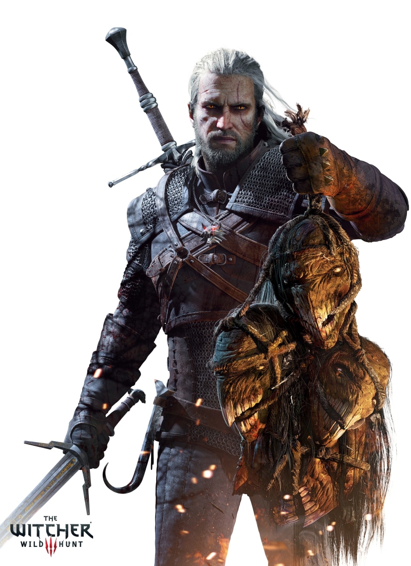 Regis, CD Projekt RED, white background, hunter, conflict, hunt, males, standing, machine gun, fighting, rifle, blood and wine, The Witcher 3: Wild Hunt