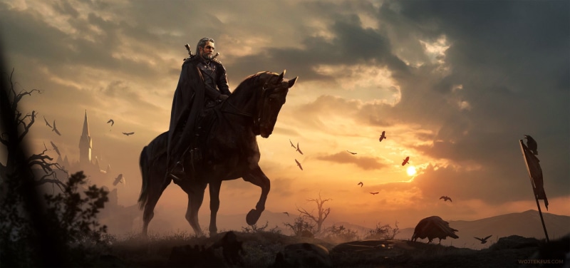 digital art, animal wildlife, representation, artwork, domestic, video games, horse, The Witcher, land, sky, domestic animals, orange color, human representation