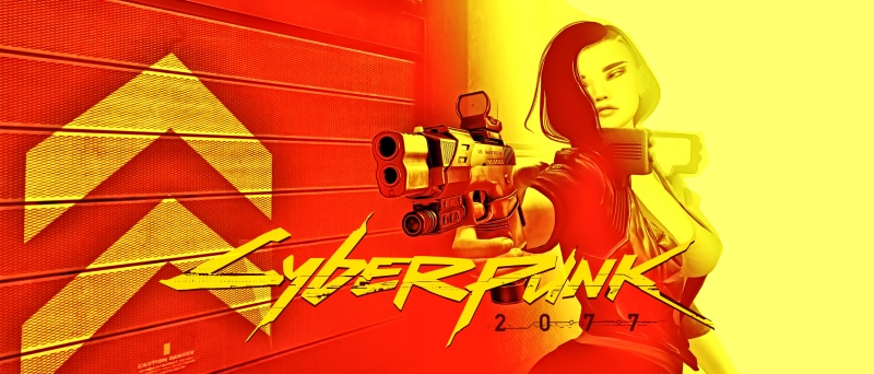 gun, Cyberpunk 2077, 5K, video game characters, ultrawide, yellow, red, science fiction, video games, cyberpunk