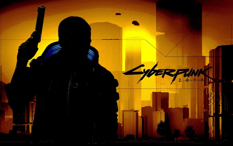 video games, Cyberpunk 2077, cyberpunk, CD Projekt RED, silhouette, futuristic, numbers, weapon, yellow background, 1080P, gun