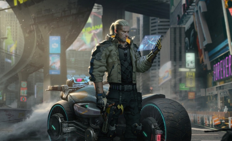 ponytail, men, digital art, Cyberpunk 2077, science fiction, 720P, The Witcher 3: Wild Hunt, crossover, cyberpunk, The Witcher, video games, Augmentation