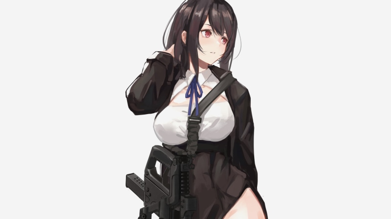 black clothing, portrait, weapon, ribbon, red eyes, illustration, dark hair, artwork, 2D, bangs, 2K, girls with guns, digital art, simple background, anime girls