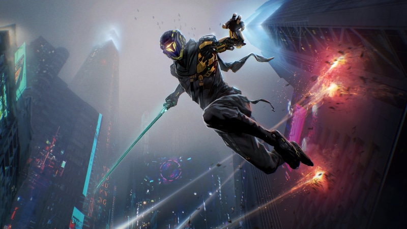 artwork, cyborg, katana, cyberpunk, futuristic, 2D, jumping, 5K, concept art, digital art, neon lights, video games, tower, science fiction, Ghostrunner