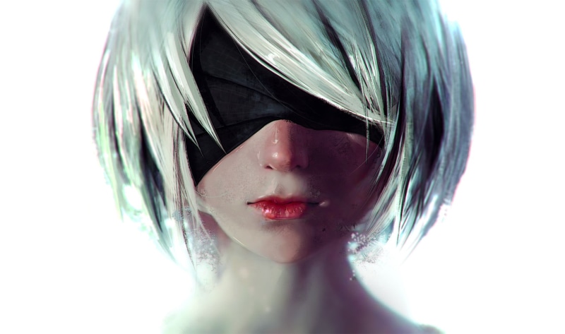 2B, video games, digital art, blindfold, fantasy weapon, white hair, 1080P, 2B (Nier: Automata), video game characters, NieR, short hair, portrait, white background