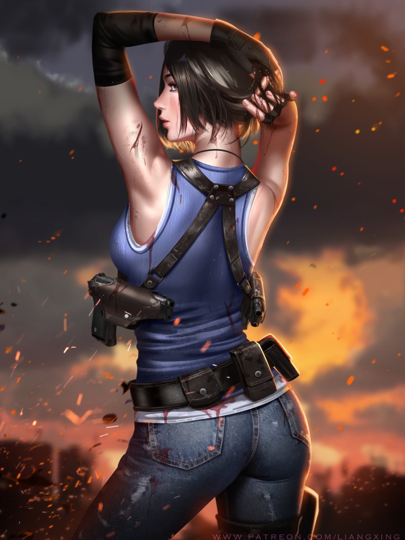 profile, belt, women, fan art, gun, sunset, back, fantasy girl, Resident evil 3, short hair, Resident Evil 3 Remake, blue eyes, looking at viewer, blood