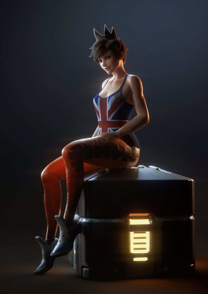 Overwatch, CGI, fan art, video games, video game characters, sitting, artwork, Tracer (Overwatch), video game girls, VGErotica, 3D, illustration, 5K, looking at viewer
