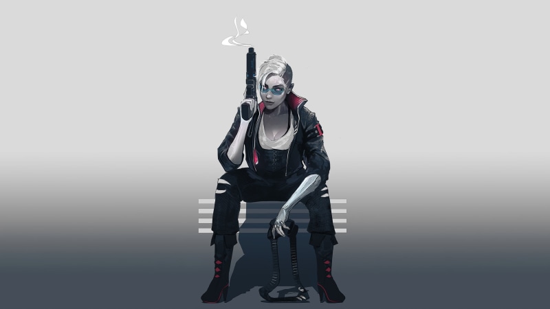 women, 2D, cyberpunk, side shave, artwork, sitting, drawing, jacket, gun, weapon, girls with guns, 2K, punk, portrait, science fiction, glasses, cleavage