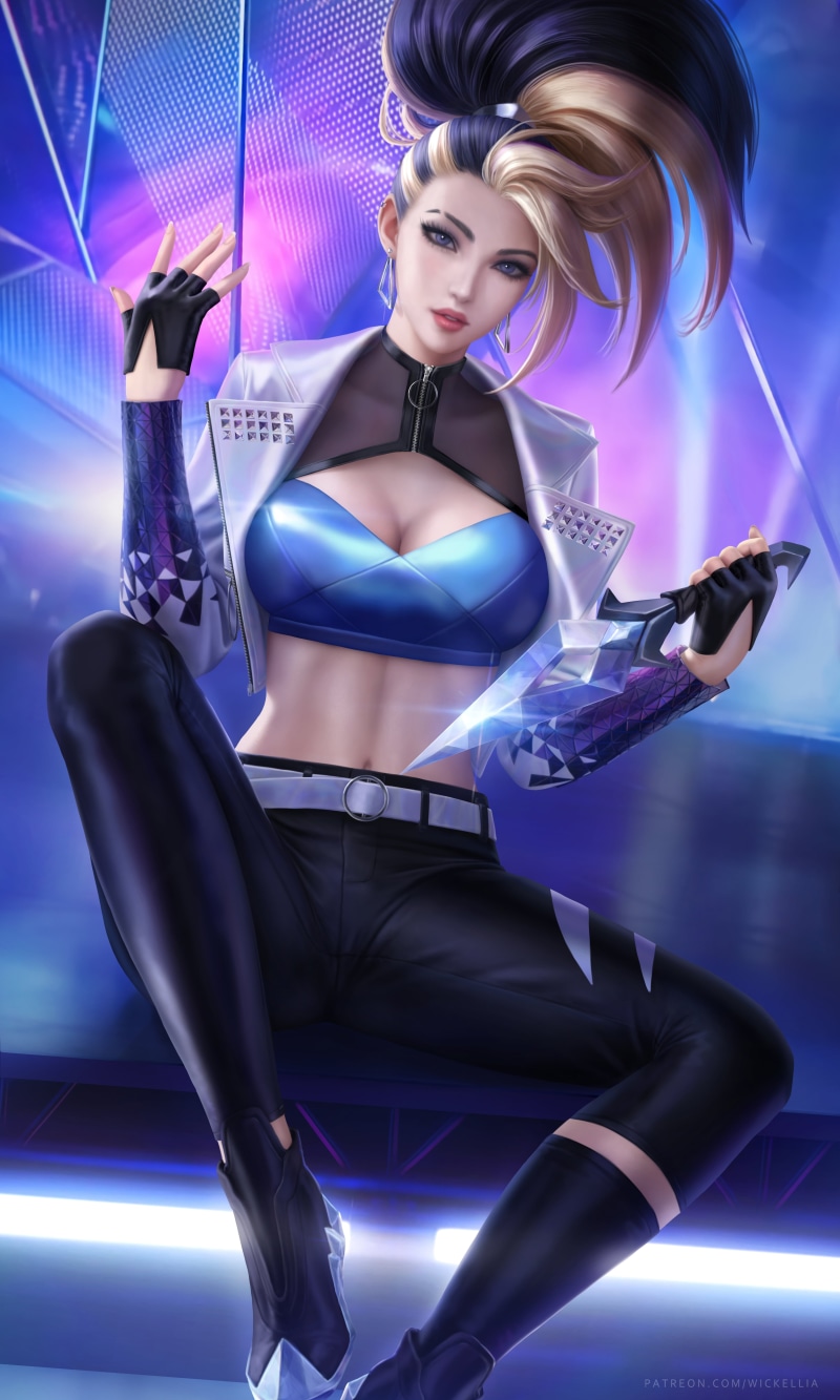 boots, Akali(League of Legends), drawing, crop top, pants, 5K, Akali, portrait display, ponytail, weapon, looking at viewer, fictional character, video games