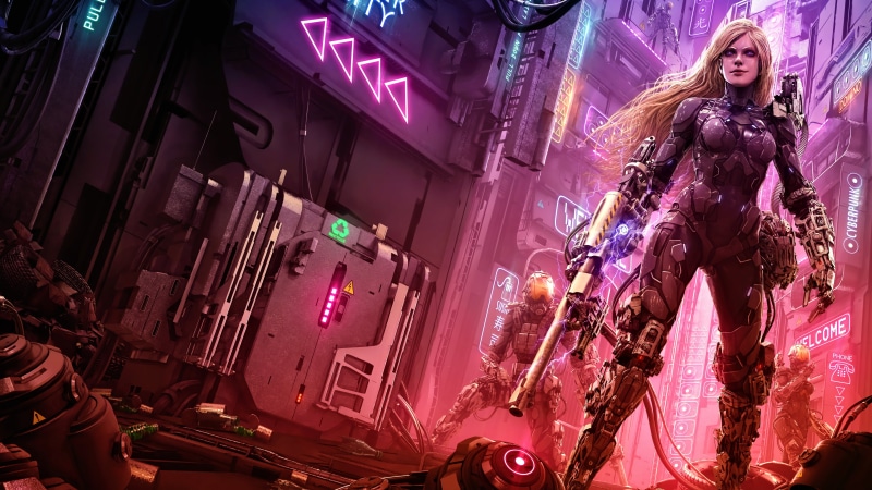 women, CGI, 4K, fantasy art, cyberpunk, futuristic armor, blonde, weapon, fan art, Tek Tan, futuristic city, digital art, 3D, PC gaming, science fiction