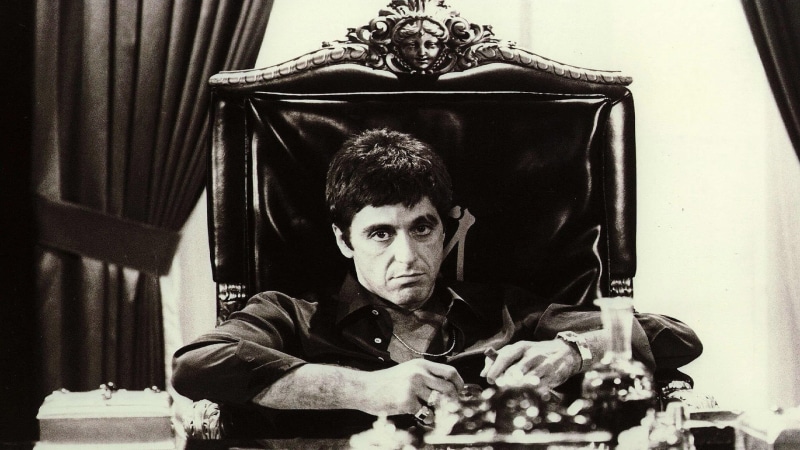 Scarface, Al Pacino, actor, sitting, males, indoors, young men, man, lifestyles, collared, young adult, waist up, grayscale, shirt, photography, monochrome