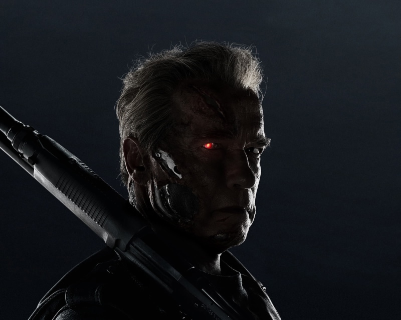 T-800, cyborg, black color, dark, aggression, holding, knife - weapon, studio shot, indoors, close-up, black background, looking at camera, red eyes, headshot