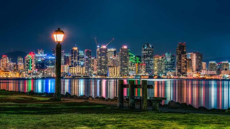 HDR, urban Skyline, city lights, dusk, 5K, calm, night, images, time, near, high, night time, view, downtown District, urban Scene, grass, City View, cityscape
