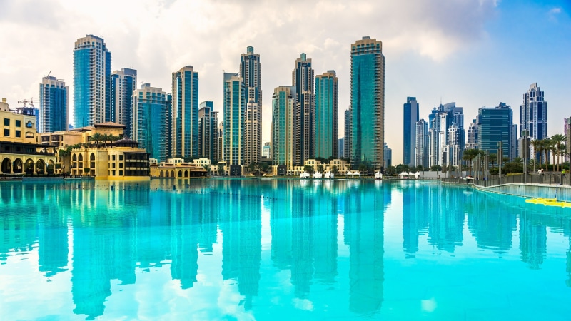 united arab emirates, dubai, reflection, metropolis, asia, tourism, skyscraper, skyline, uae, 4K, tower block, daytime, dubai mall, cityscape, downtown